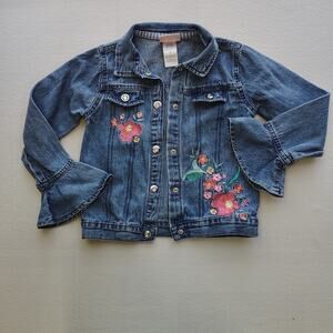 Little Lass Blue Denim Embroidered Floral Snap Up Jacket Girls Size Sz 6 Flare